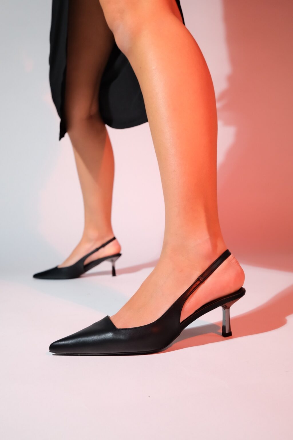 LuviShoes MARTEN Women's Black Skin Pointed Toe Open Back Thin Heel Shoes