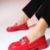 LuviShoes NORMAN Red Patent Leather Stone Buckle Women's Loafer Shoes