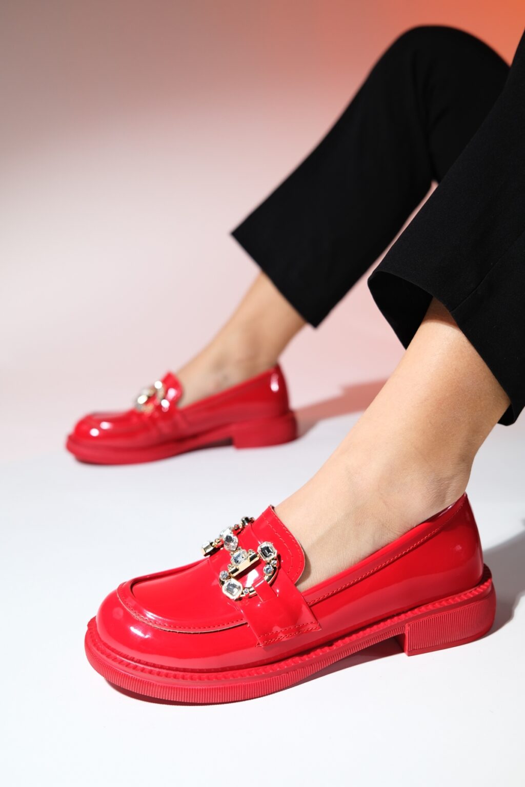 LuviShoes NORMAN Red Patent Leather Stone Buckle Women's Loafer Shoes