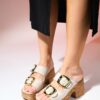 LuviShoes SLAPY Beige Suede Gold Buckle Women's Platform Heeled Slippers