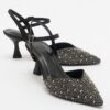LuviShoes VİLKA Black Satin Stone Pointed Toe Thin Heeled Evening Shoes