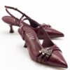 LuviShoes WOSS Burgundy Patent Leather Belt Detail Women's Heeled Shoes