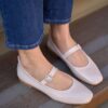 Madamra Cream Patent Leather Women's Flat Toe Single Band Flat Shoes