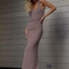 Madmext Mink Square Collar Long Slit Dress