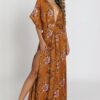 Madmext Mustard Patterned Slit Detail Long Dress