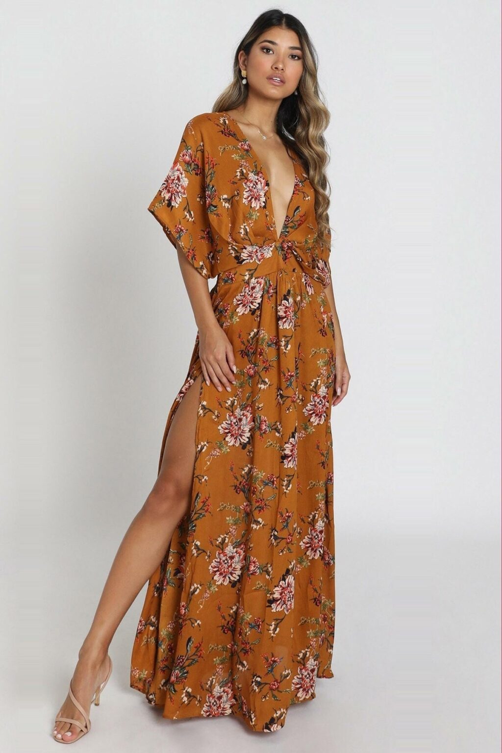 Madmext Mustard Patterned Slit Detail Long Dress