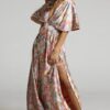 Madmext Orange Patterned Slit Detail Long Dress