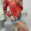 Marble pattern nude blouse red