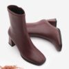 Marjin Women's Heeled Boots Blunt Toe Zippered Thick Heel Lonve Claret Red