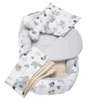 Medi Partners Cocoon in a 5-piece set (cocoon / insert / butterfly pillow / flat pillow / quilt 75x55) – Mint Zoo + beige Minky