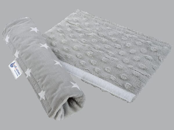 Medi Partners Cotton + minky car seat belt protector – White stars on gray + gray minky
