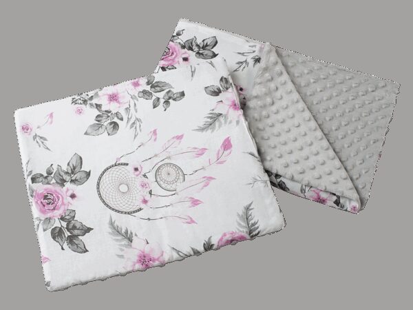 Medi Partners Quilt 55x75 + pillow 35x30 cotton + minky – Catchers with flowers + gray minky