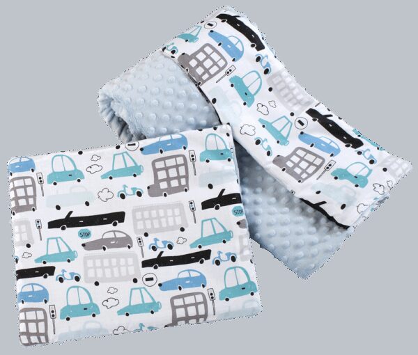 Medi Partners Quilt 75x100 + pillow 35x30 cotton + minky – Cars + light blue minky