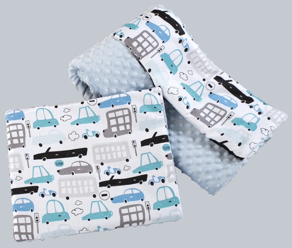 Medi Partners Quilt 75x100 + pillow 35x30 cotton + minky – Cars + light blue minky