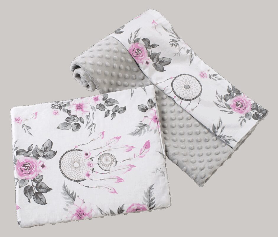 Medi Partners Quilt 75x100 + pillow 35x30 cotton + minky – Dream catchers with flowers + gray minky