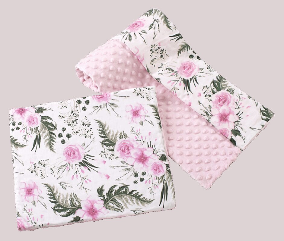 Medi Partners Quilt 75x100 + pillow 35x30 cotton + minky – Flowers + light pink minky