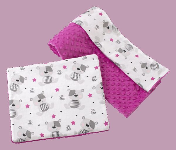 Medi Partners Quilt 75x100 + pillow 35x30 cotton + minky – Teddy + dark pink minky