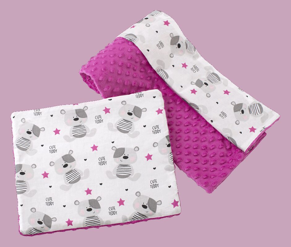 Medi Partners Quilt 75x100 + pillow 35x30 cotton + minky – Teddy + dark pink minky