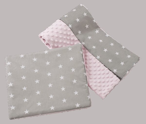 Medi Partners Quilt 75x100 + pillow 35x30 cotton + minky – White stars on gray + light pink minky