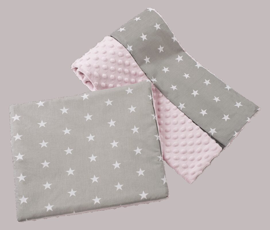 Medi Partners Quilt 75x100 + pillow 35x30 cotton + minky – White stars on gray + light pink minky