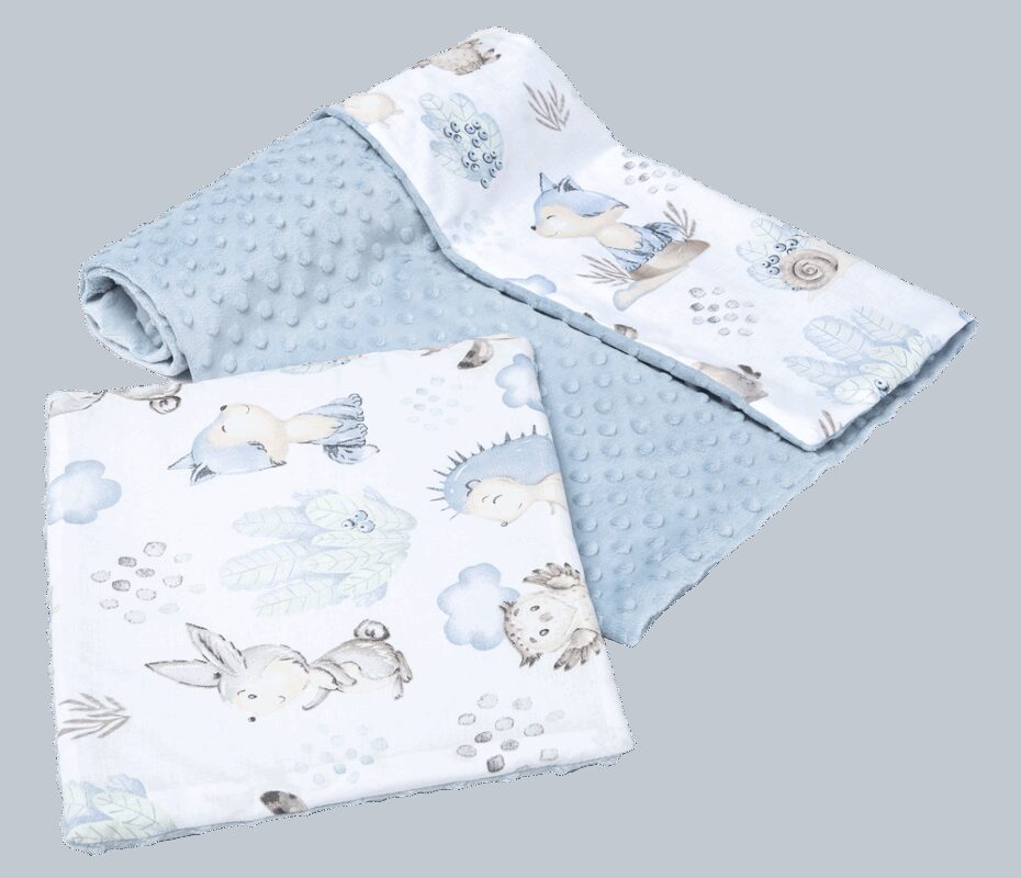 Medi Partners Quilt 75x100 + pillow 35x30 cotton + minky – deer and hedgehog + light blue minky