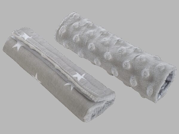 Medi Partners Stroller belt protectors (2 pcs.) cotton + minky – White stars on gray + gray minky