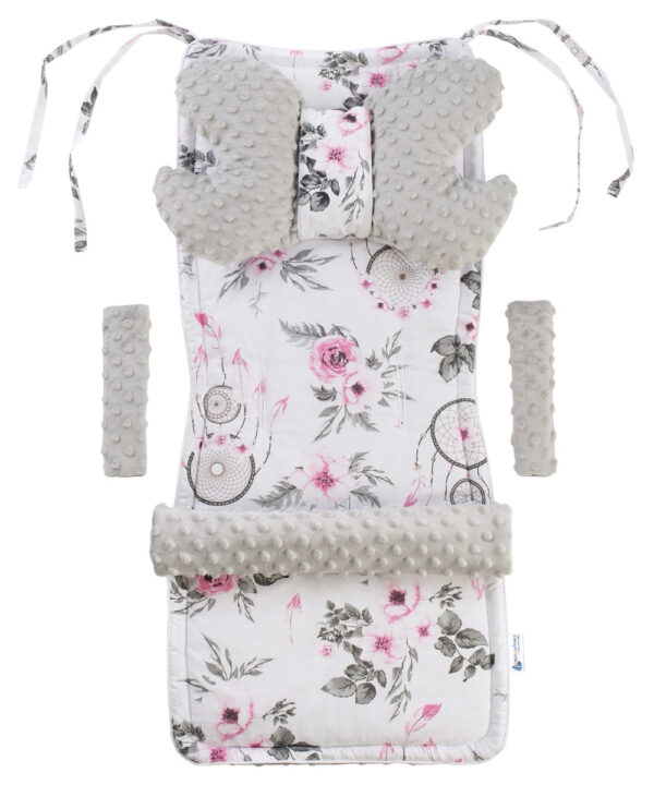 Medi Partners Stroller insert in a 4-piece set - Dream catchers with flowers + gray minky