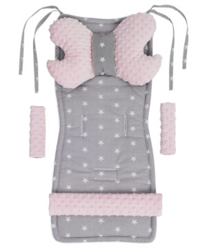 Medi Partners Stroller insert in a 4-piece set - White stars on gray + light pink minky