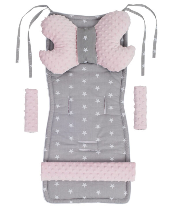 Medi Partners Stroller insert in a 4-piece set - White stars on gray + light pink minky