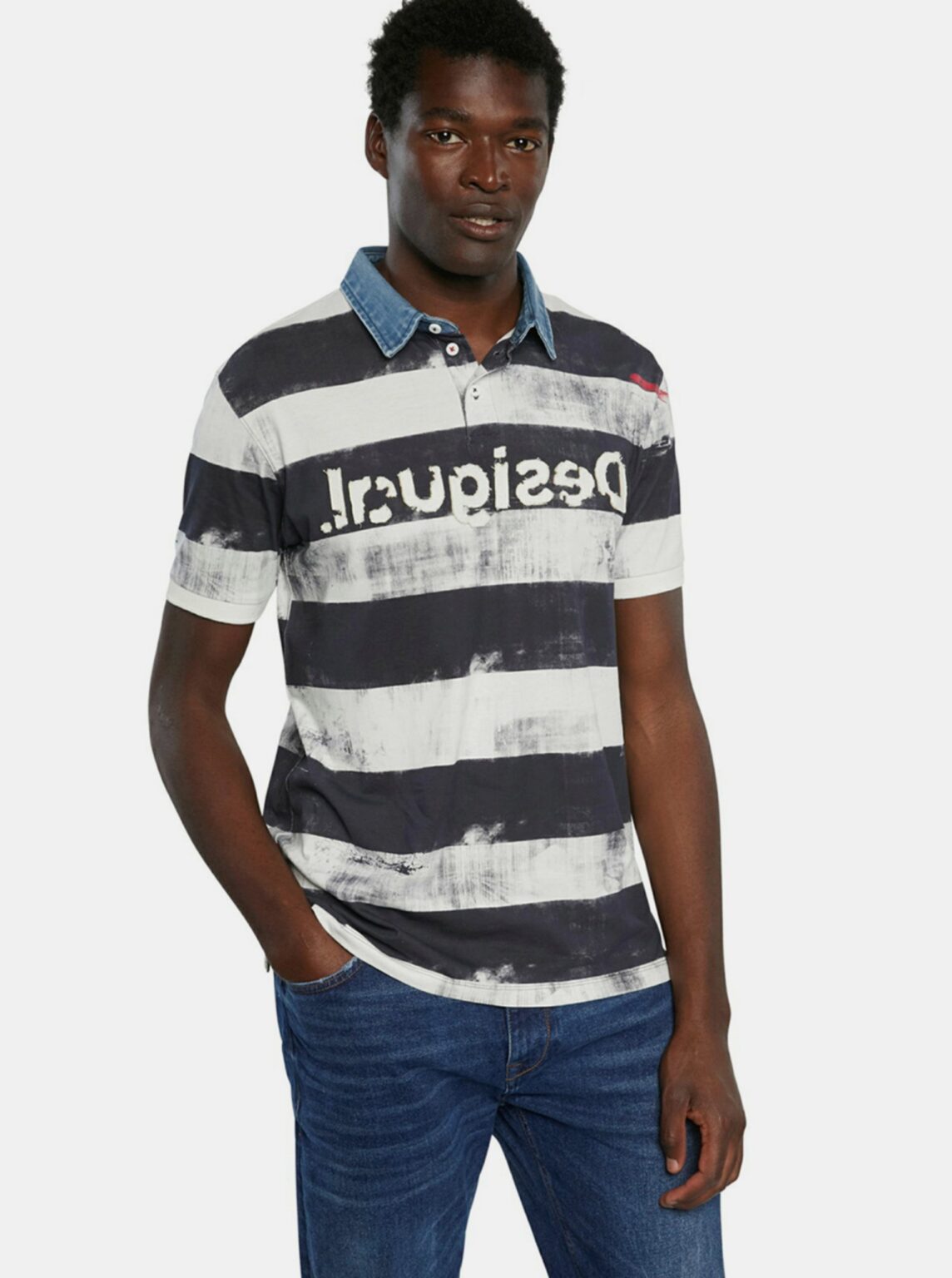Men's Black and White Striped Polo Shirt Desigual TS Julien - Men