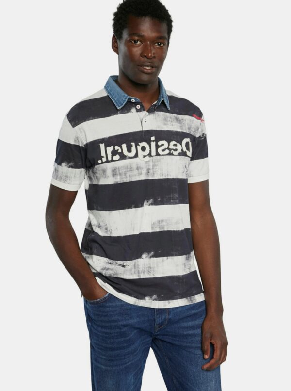 Men's Black and White Striped Polo Shirt Desigual TS Julien - Men