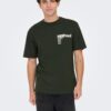 Men's Dark Green Short Sleeve T-Shirt ONLY & SONS Pink Fl - Men