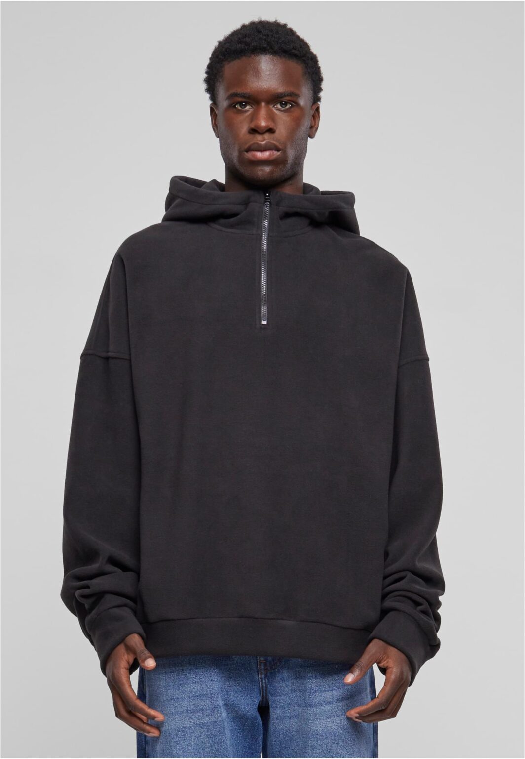 Men's Oversized Half Zip Hoody Black Fleece Sweatshirt