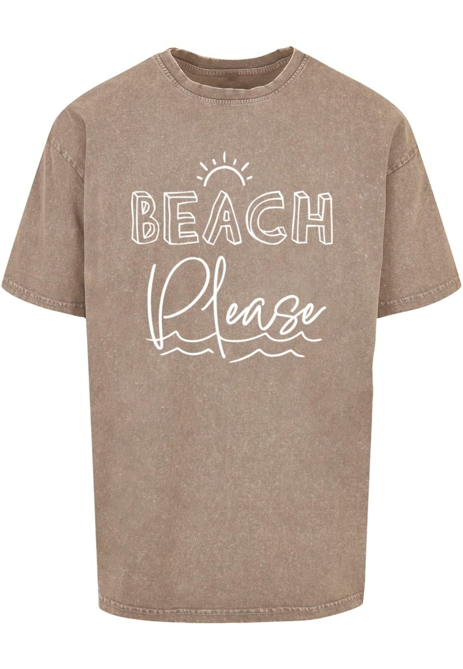 Merchcode Póló 'Beach Please'  barna melír / fehér-Ár