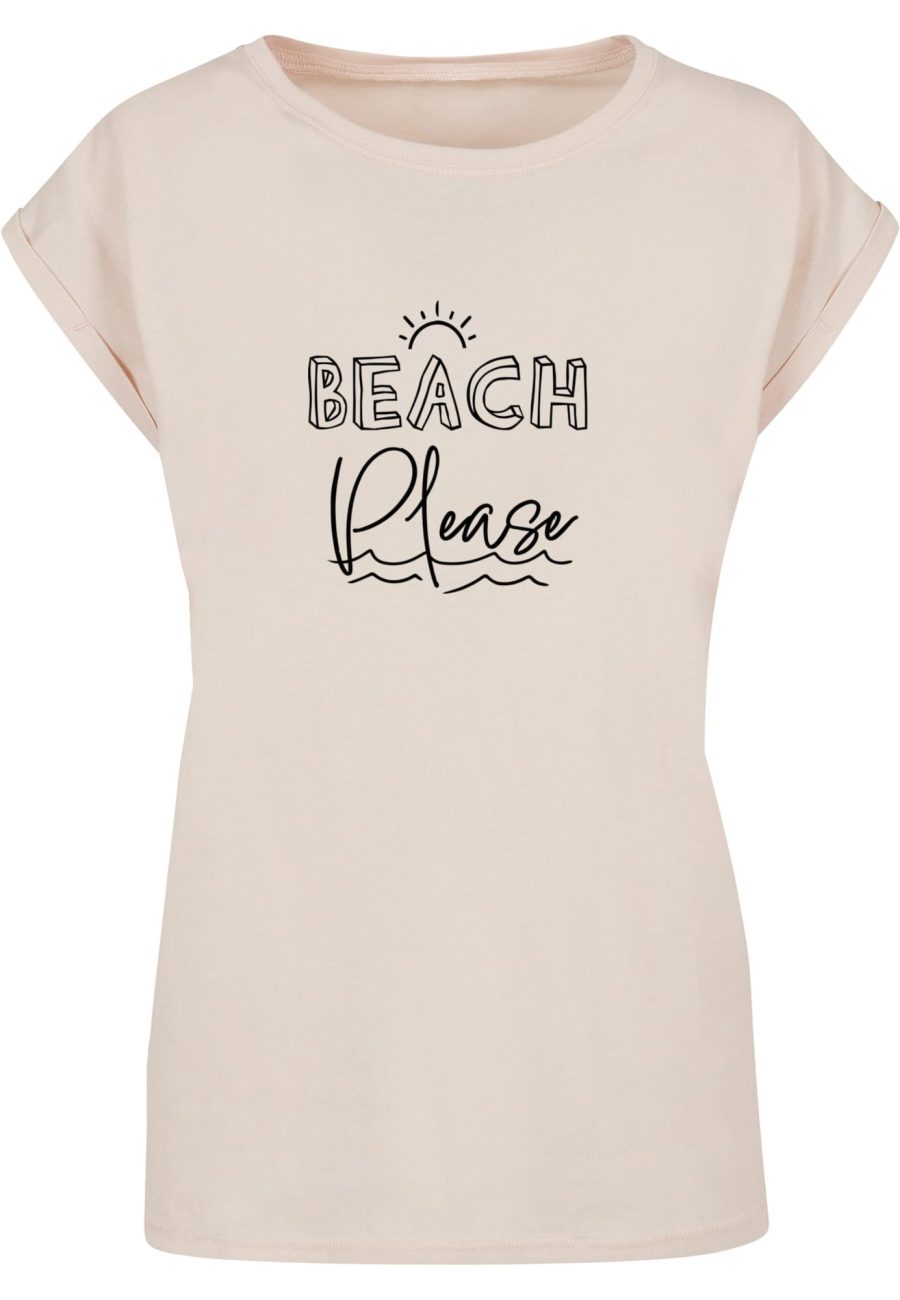 Merchcode Póló 'Beach Please'  világos bézs / fekete-Ár