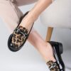 Mio Gusto Black Color Patent Leather And Leopard Pattern Women's Casual Oxford Flat Shoes