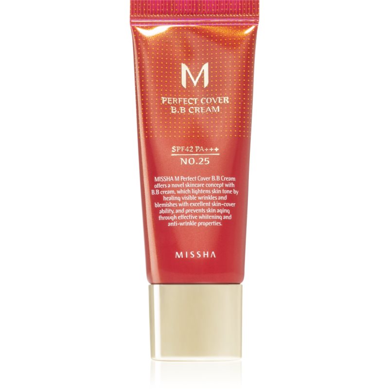 Missha M Perfect Cover BB krém nagyon magas UV védelemmel kis csomagolás árnyalat No. 25 Warm Beige SPF 42/PA+++ 20 ml-Ár
