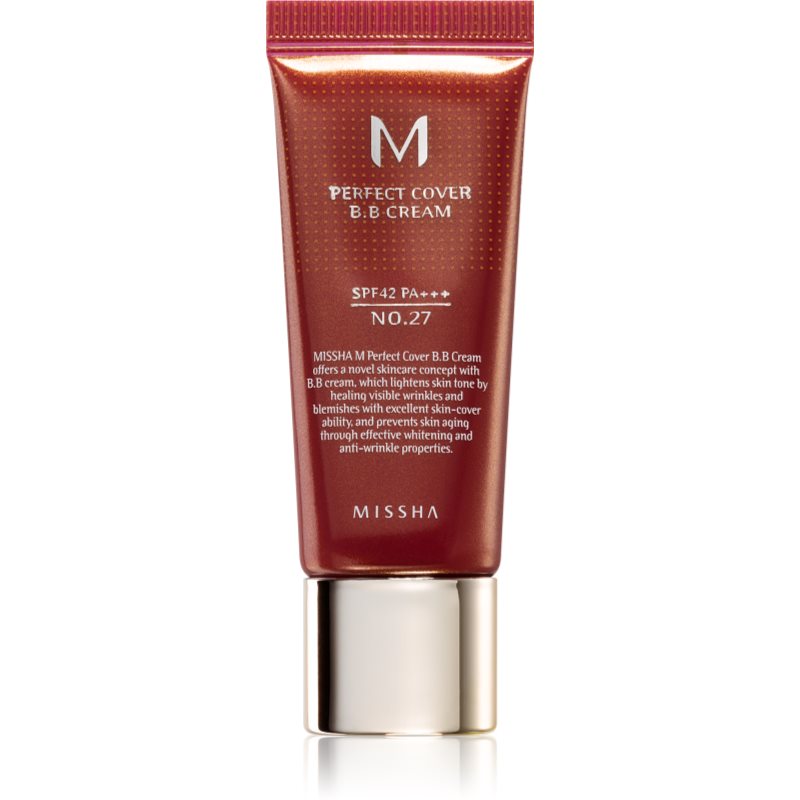 Missha M Perfect Cover BB krém nagyon magas UV védelemmel kis csomagolás árnyalat No. 27 Honey Beige SPF 42/PA+++ 20 ml-Eredeti