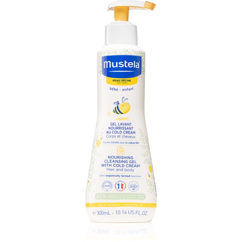 Mustela Bébé Dry Skin tápláló és tisztító gél bőrszerkezetet javító védőkrémmel gyermekeknek születéstől kezdődően 300 ml-Eredeti