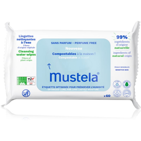 Mustela Compostable at Home Cleansing Wipes Perfume Free tisztító törlőkendő parfümmentes gyermekeknek születéstől kezdődően 60 db-Ár