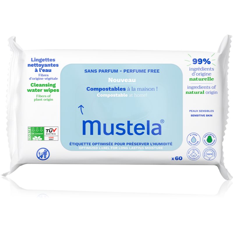 Mustela Compostable at Home Cleansing Wipes Perfume Free tisztító törlőkendő parfümmentes gyermekeknek születéstől kezdődően 60 db-Ár