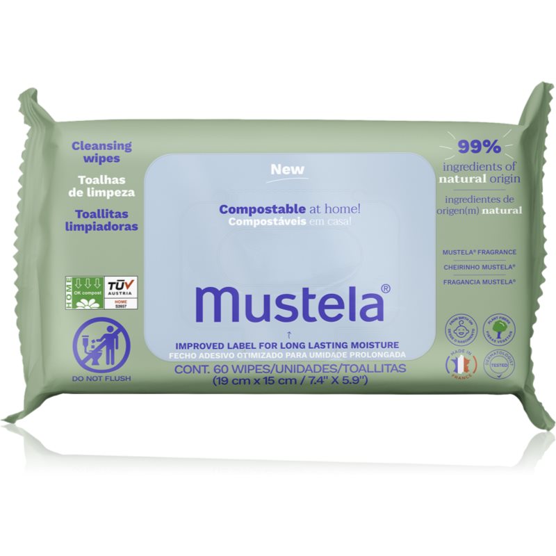Mustela Compostable at Home Cleansing Wipes tisztító törlőkendő illatosított gyermekeknek születéstől kezdődően 60 db-Ár
