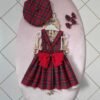 N7995 Dewberry Baby Plaid Salopette Dress & Hat & Buckle Set-RED