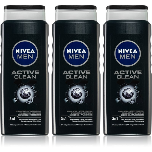 NIVEA MEN Active Clean fürdőgél férfiaknak takarékos kiszerelés 3 x 500 ml