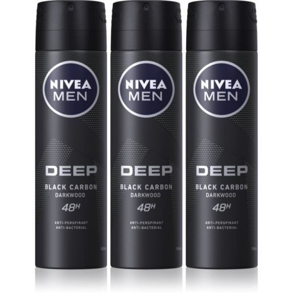 NIVEA MEN Deep Black Carbon Darkwood izzadásgátló spray takarékos kiszerelés uraknak 3 x 150 ml