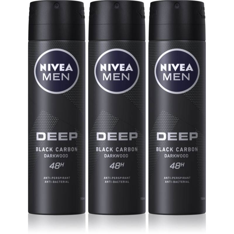 NIVEA MEN Deep Black Carbon Darkwood izzadásgátló spray takarékos kiszerelés uraknak 3 x 150 ml