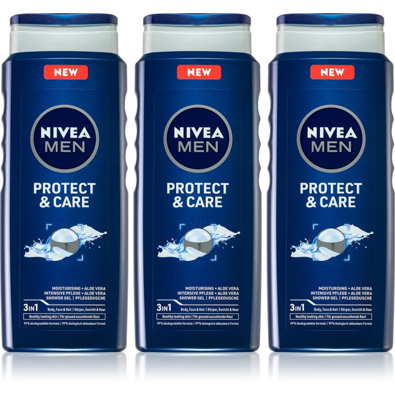NIVEA MEN Protect & Care fürdőgél férfiaknak takarékos kiszerelés 3 x 500 ml