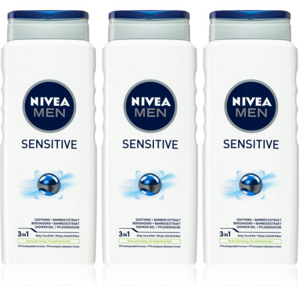 NIVEA MEN Sensitive fürdőgél férfiaknak takarékos kiszerelés 3 x 500 ml