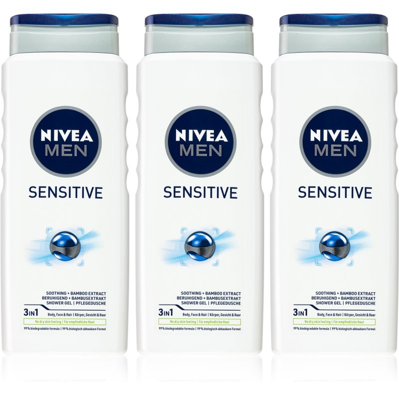 NIVEA MEN Sensitive fürdőgél férfiaknak takarékos kiszerelés 3 x 500 ml