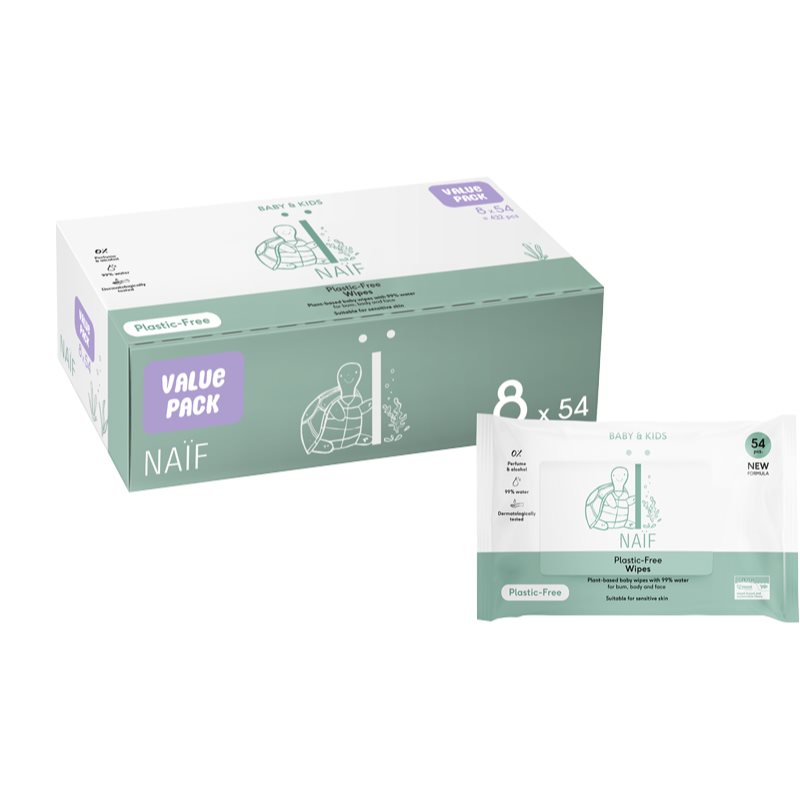 Naif Baby & Kids Plastic Free Wipes nedves törlőkendők gyermekeknek születéstől kezdődően 8x54 db-Ár
